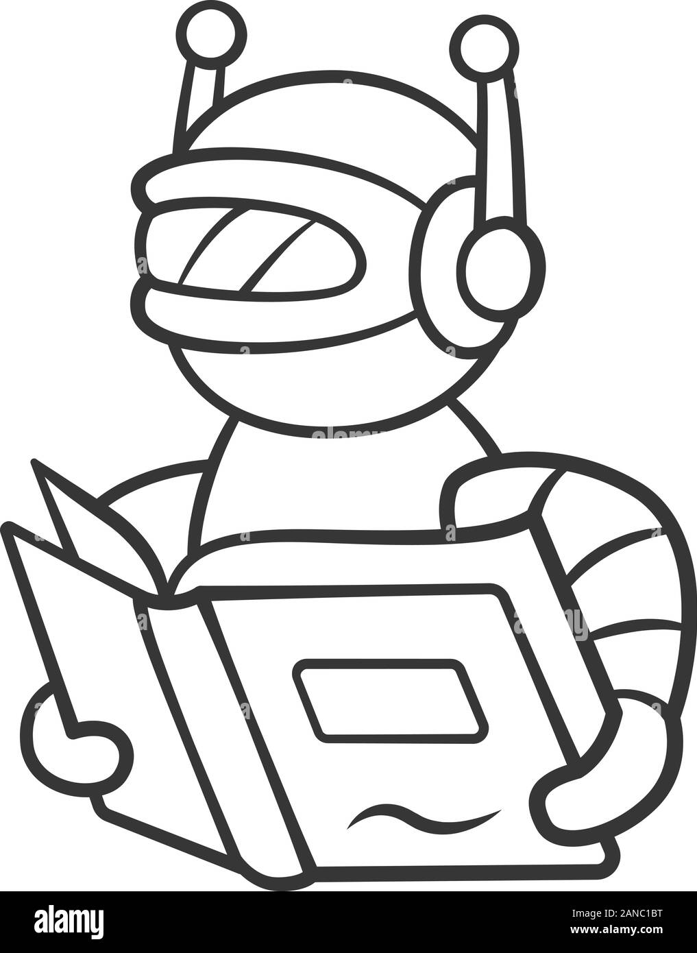 Text reading bot linear icon. Screen reader application. Virtual assistant. Robot with book. Software app. Thin line illustration. Contour symbol. Vec Stock Vector
