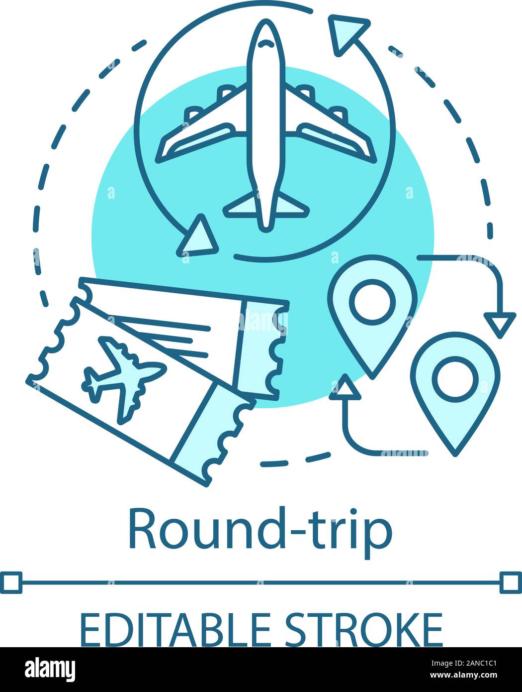 Round-trip concept icon. Return ticket idea thin line illustration.Travelling by plane, airplane trip. Aircraft flight path. Plane taking off, landing Stock Vector