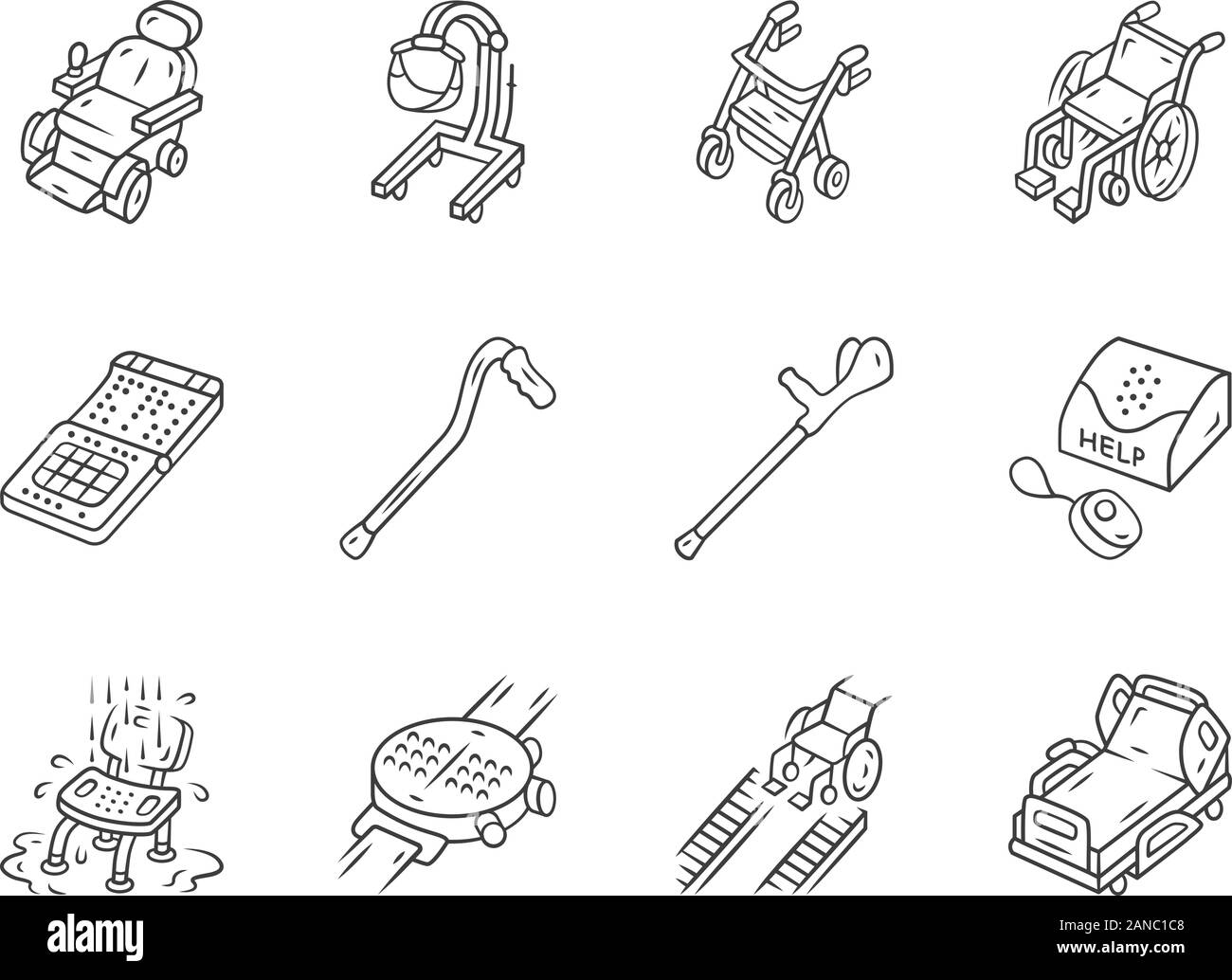 Disabled devices linear icons set. Mobility aid, handicapped medical equipment. Facilities for paralyzed, old people. Thin line contour symbols. Isola Stock Vector