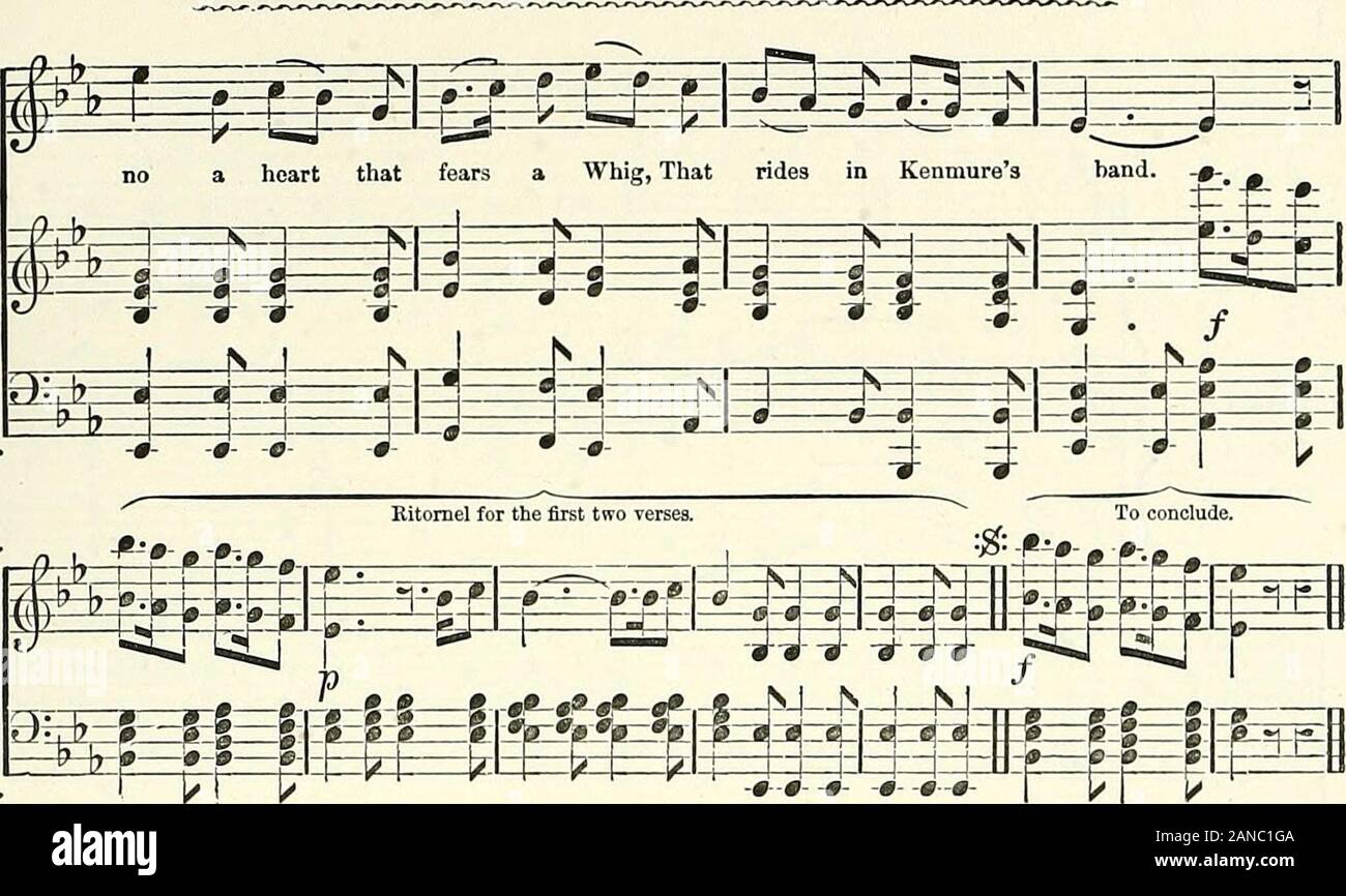 The Popular songs of Scotland with their appropriate melodies . NGS. 0 KENMURES ON AND AW A, WILLIE. f • = 72 Alieqbetio. (T ARRANGED BT T. M. MTOIS. s^s r i r 7-rr-i—7T 2—8-6—8-1-8—S-S—4- •-**-«*—*i*-(-s M N ^EE^Ez =t=^t^t—fr-FFFF—Ftoz=F—Pl-F^ i 1-1 -s- -•- :#- =*=* ^ P^£ B=£ -»-»- Kenmures on, and a - wa, ?£=* m v|=h= 3=p =3=^=3 Willie, O Kenmures on, and a - wa; And ^ i ii 4i 44 it it i i *ir* m -Is S N fvJS  &gt; * k |S  [y |s U lJ 1 ^ T 4- &E^=g J^=*==£g -re Lf p GT£r??rj71 s Kenmures lords the brav - est lord That ev - er Gal - loway saw. -+S-* f^-j fc-JS .-,-•- «—E ^.-^ P&3  IS L 3iS Stock Photo