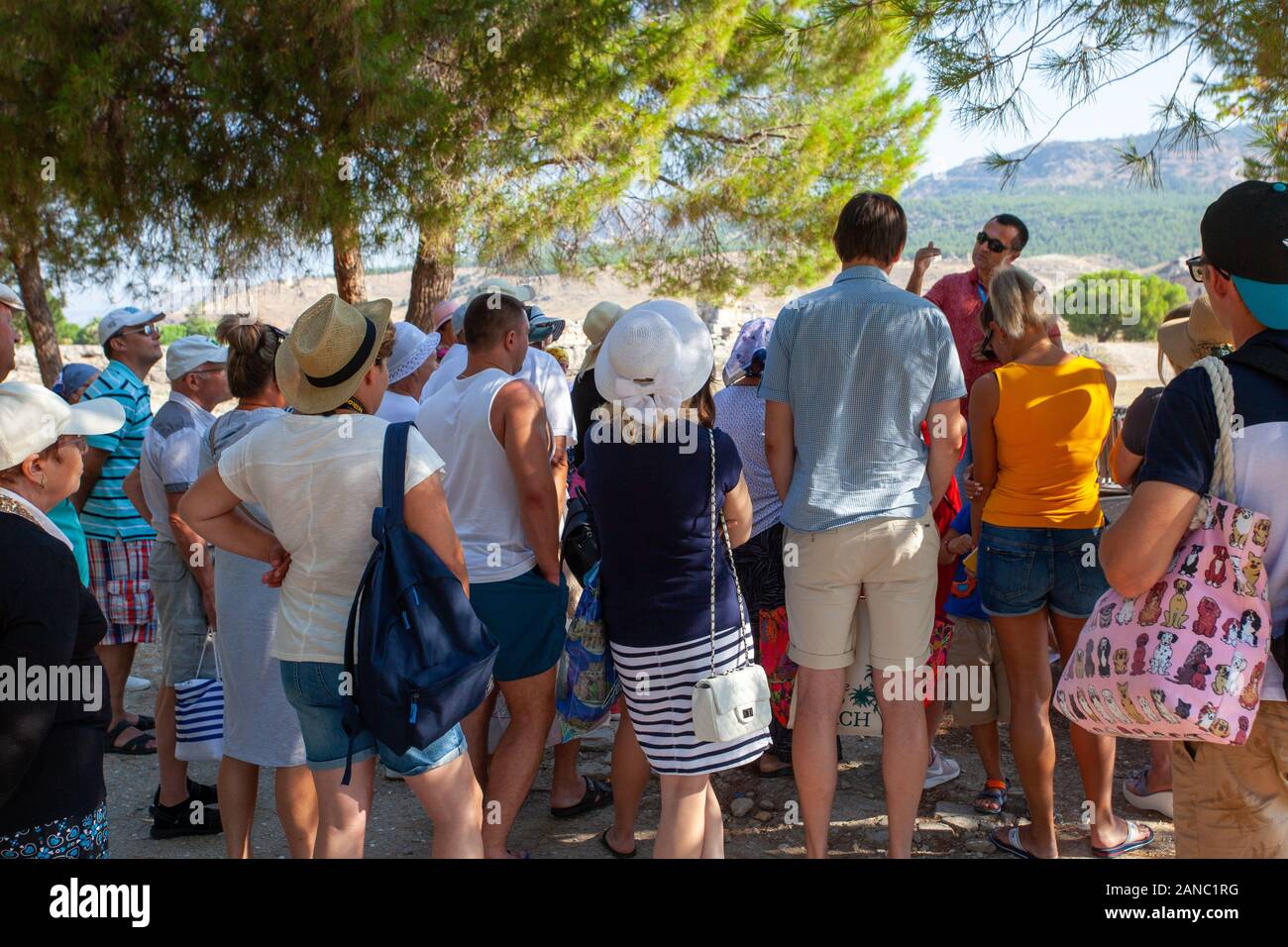 Pamukkale, Turkey- September 7, 2019: Group of tourists on excursions Stock Photo