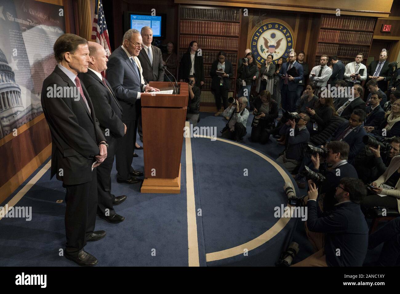 Washington, United States. 16th Jan, 2020. Senate Minority Leader Sen. Chuck Schumer of N.Y., holds a press conference after Supreme Court Chief Justice John Roberts swore in members of the Senate for the impeachment trial of President Donald Trump in the U.S. Capitol in Washington, DC on Thursday, January 16, 2020. He is joined by Senators Richard Blumenthal, D-Conn., Jeff Coons, D-Del., Kamala Harris, D-Calif., and Chris Van Hollen, D-Md. Photo by Sarah Silbiger/UPI Credit: UPI/Alamy Live News Stock Photo