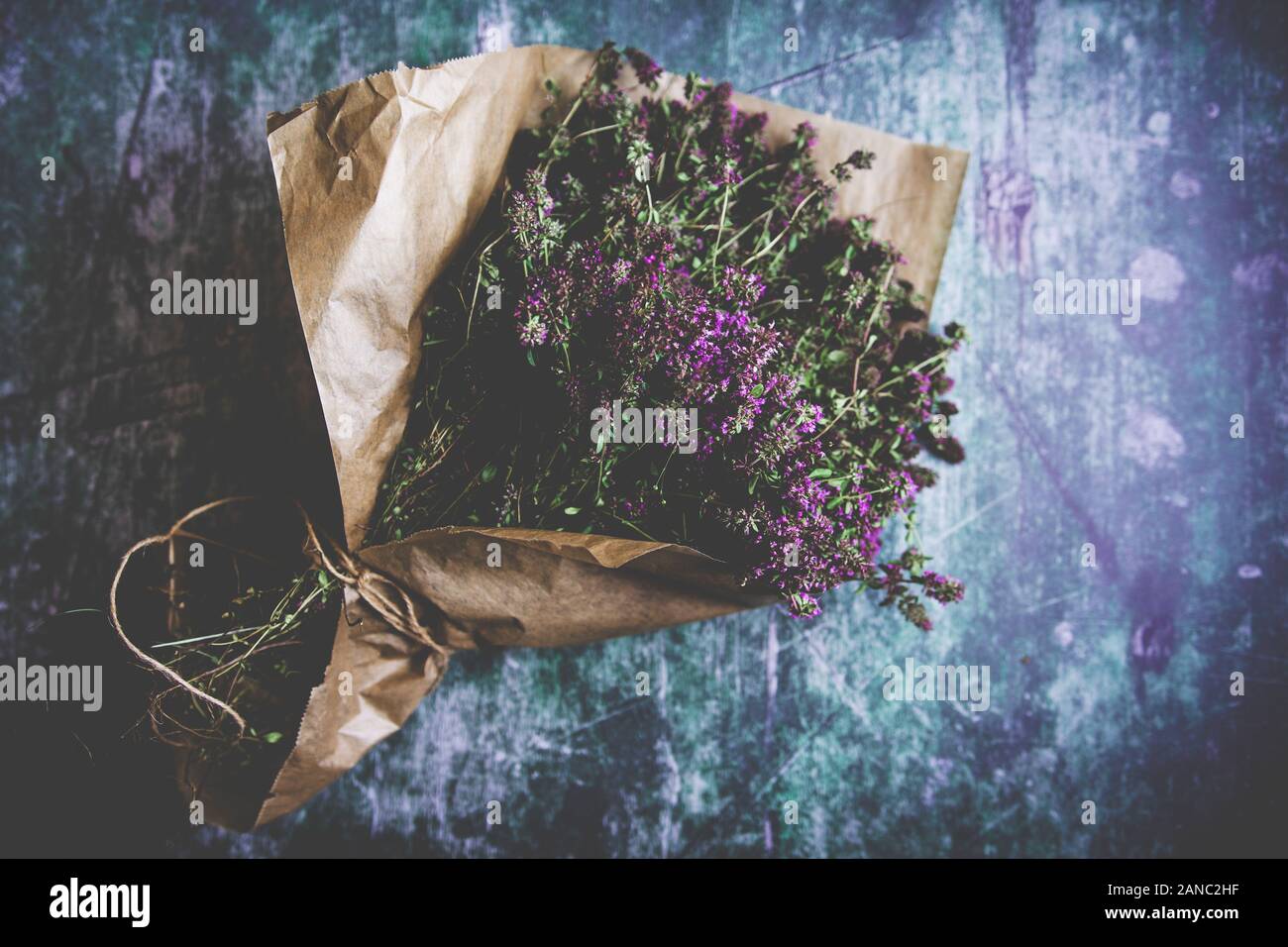 Fresh Lavender Flowers Bouquet on Rustic Dark Background Stock Photo