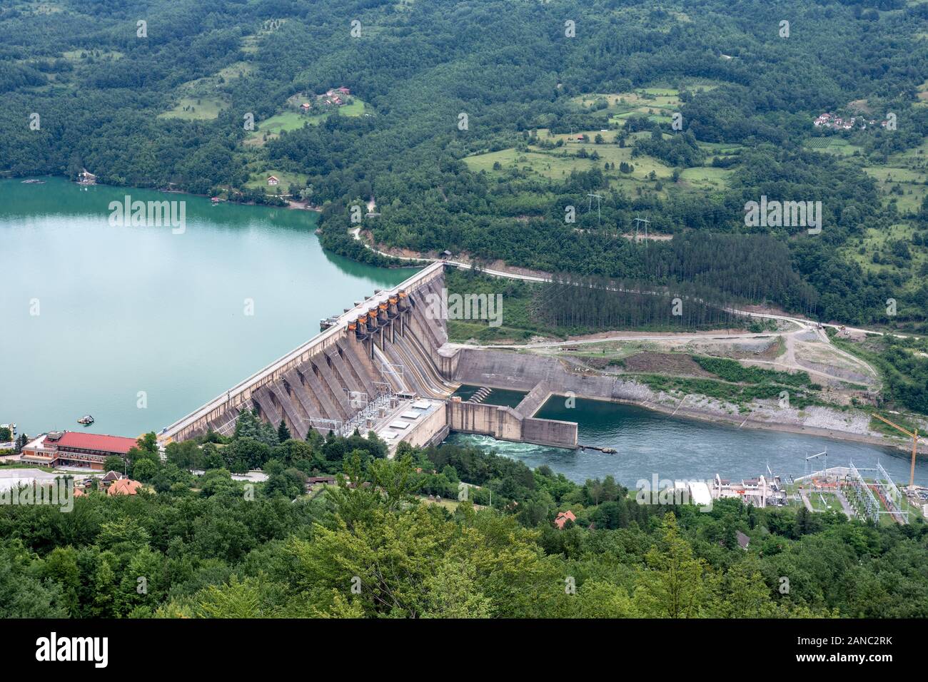 Perucac Artificial Lake and Great Dam on Tara National Park. Hydroelectric Power Plant. Stock Photo