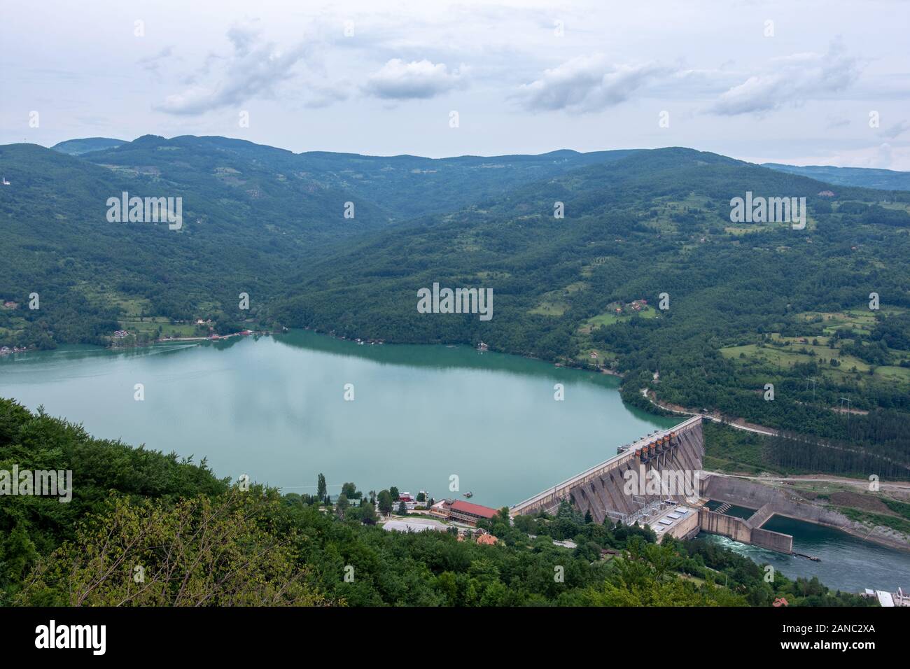Perucac Artificial Lake and Great Dam on Tara National Park. Hydroelectric Power Plant. Stock Photo