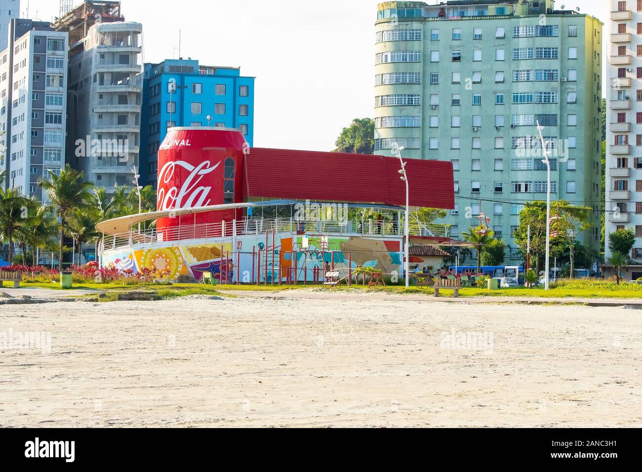 Sao Vicente - SP, Brazil - November 21, 2019: Departure spot of the Chairlift of Sao Vicente at Praia do Itarare beach. Building with the Coke can the Stock Photo