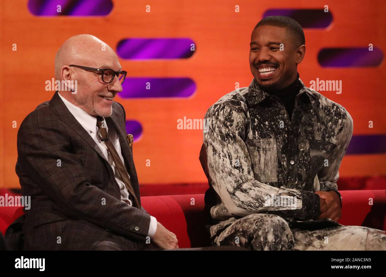 Sir Patrick Stewart (left) and Michael B Jordan during the filming for the Graham  Norton Show at BBC Studioworks 6 Television Centre, Wood Lane, London, to  be aired on BBC One on
