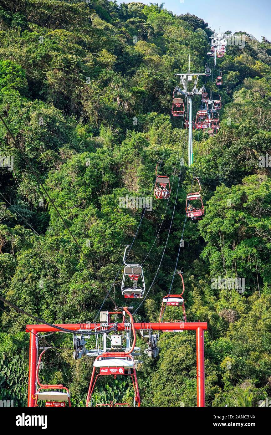 Sao Vicente - SP, Brazil - November 21, 2019: Chairlift of Sao Vicente at Praia do Itarare beach.  Going up the hill above the atlantic forest on a ch Stock Photo