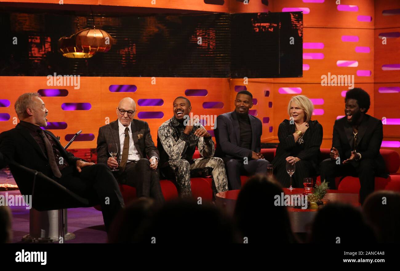 (left to right) Host Graham Norton, Sir Patrick Stewart, Michael B Jordan, Jamie Foxx, Jennifer Saunders and Michael Kiwanuka during the filming for the Graham Norton Show at BBC Studioworks 6 Television Centre, Wood Lane, London, to be aired on BBC One on Friday evening. Stock Photo