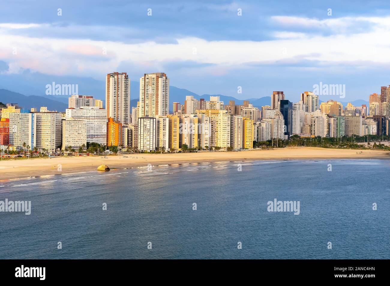 Aerial view of two Brazilian coastal cities of the Paulista coast. End of Praia do Itarare beach at Sao vicente city border with Santos city, Jose Men Stock Photo