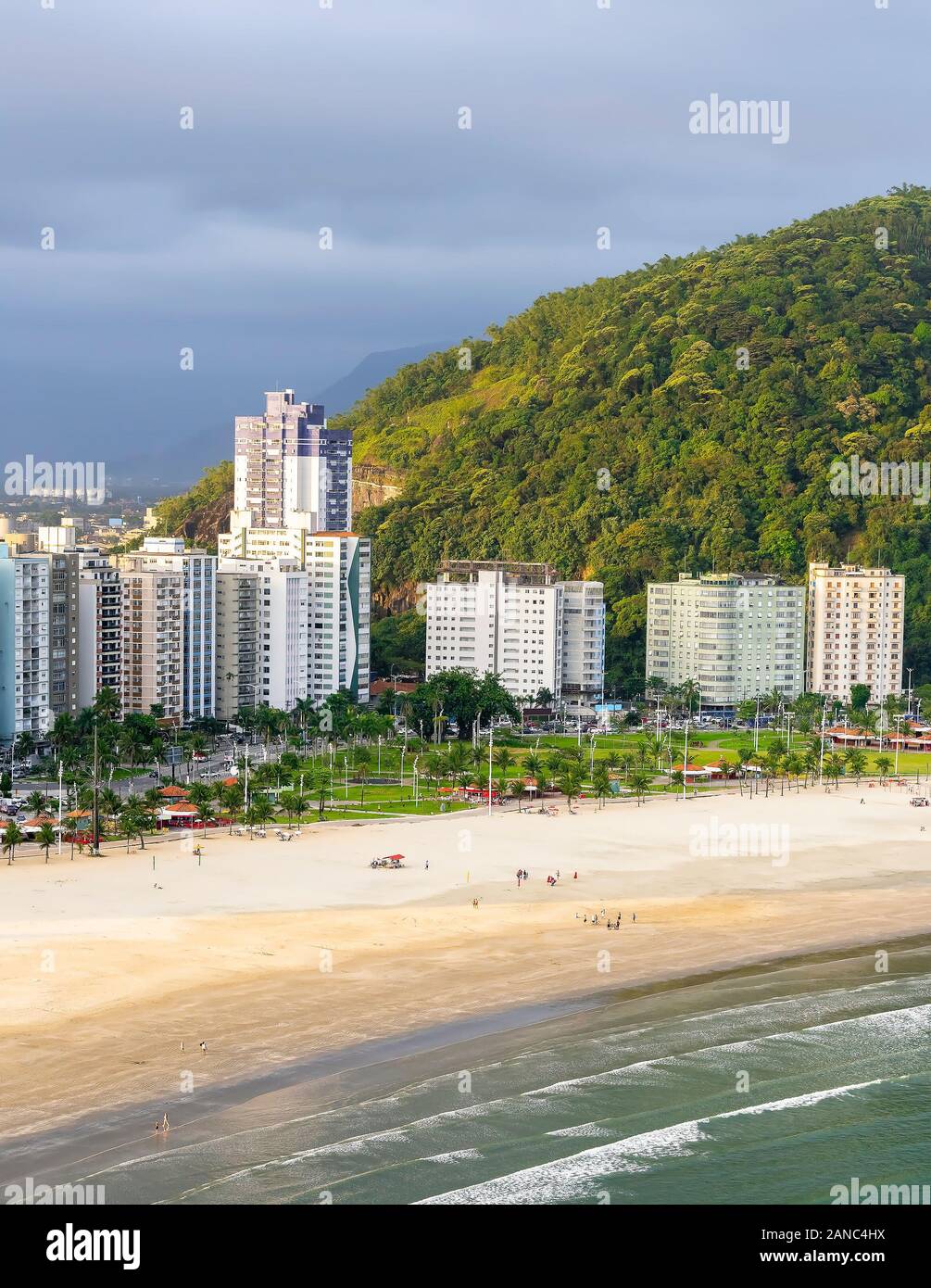 Aerial view of a beachfront city. Brazilian Paulista coast, Praia do Itarare beach - Sao Vicente SP Brazil. Stock Photo