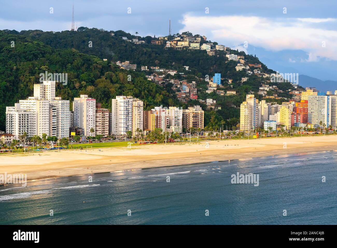 Aerial view of a Brazilian coastal city of the Paulista coast. Praia do Itarare beach, border with Santos city and Jose Menino beach. Stock Photo