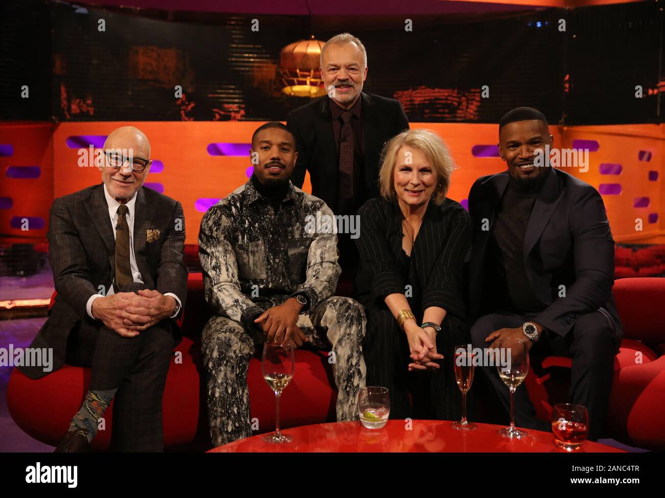 Host Graham Norton with (seated left to right) Sir Patrick Stewart, Michael B Jordan, Jennifer Saunders and Jamie Foxx during the filming for the Graham Norton Show at BBC Studioworks 6 Television Centre, Wood Lane, London, to be aired on BBC One on Friday evening. PA Photo. Picture date: Thursday January 16, 2020. Photo credit should read: PA Images on behalf of So TV Stock Photo