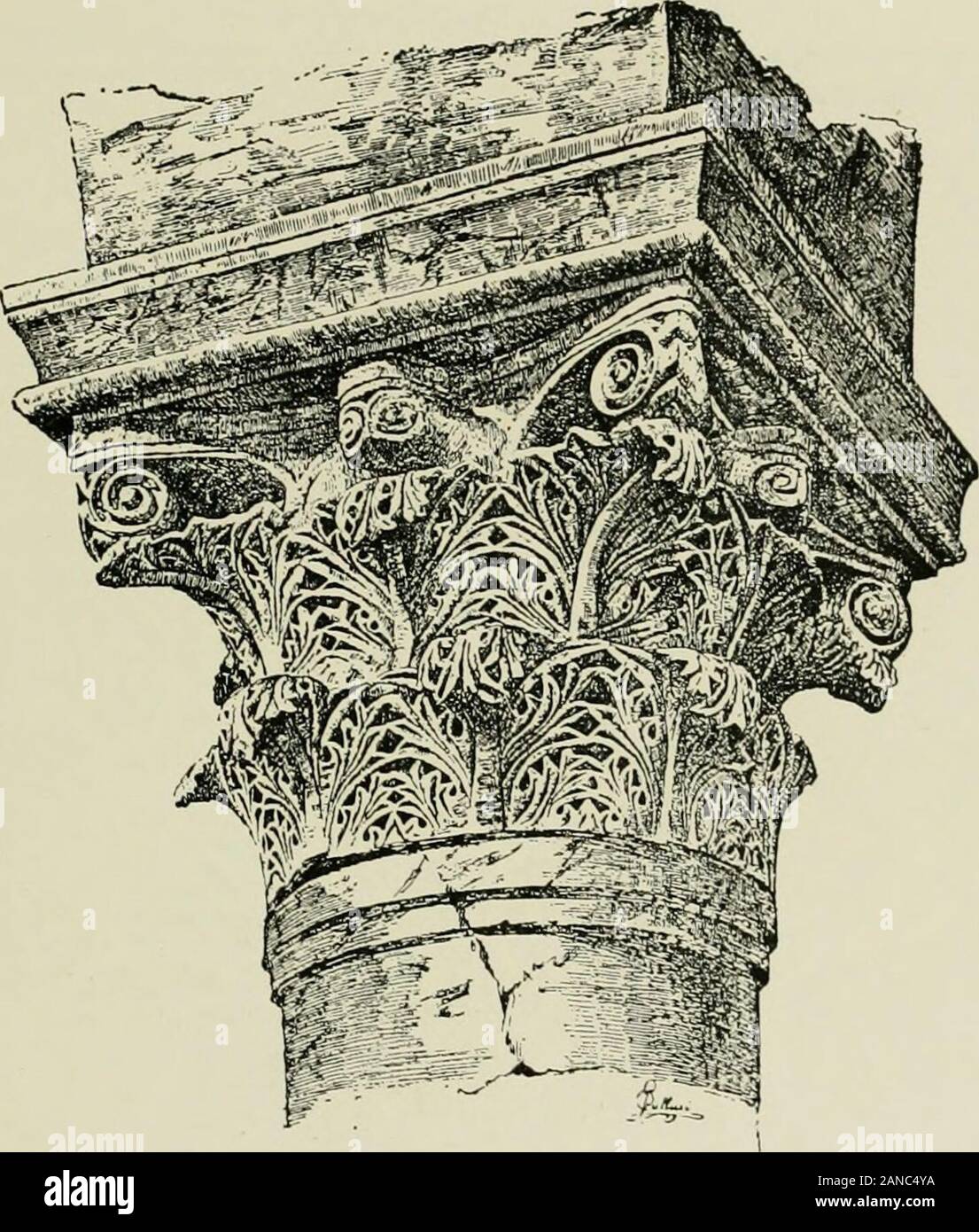 Architecture in Italy, from the sixth to the eleventh century; historical and critical researches . Fig. 161.—Capital from the Naves of the Cathedral of Torcello—a.d. 1008. one which is of the sixth century, work of the year 1008, andhave so perfect an analogy with those of the S. Mark ofOrseolos time which we have already seen, as to make it quiteuseless to describe them. One alone differs, because it is animitation of the sixth century, a very original capital of com-posite style, which has a row of very elegant little trees instead of ji lower low ul loais. Here, all the capitals of the n Stock Photo