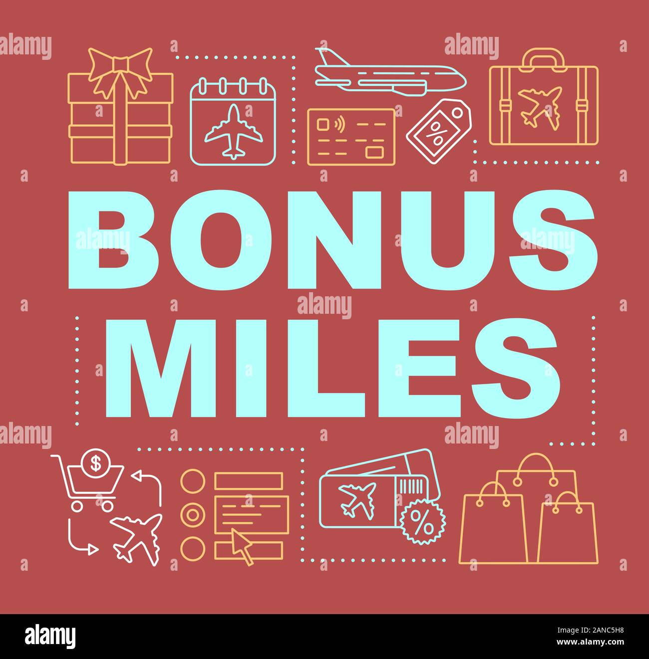 Bonus miles word concepts banner. Earn air miles. Low cost flights. Discount tickets. Presentation, website. Isolated lettering typography idea with l Stock Vector
