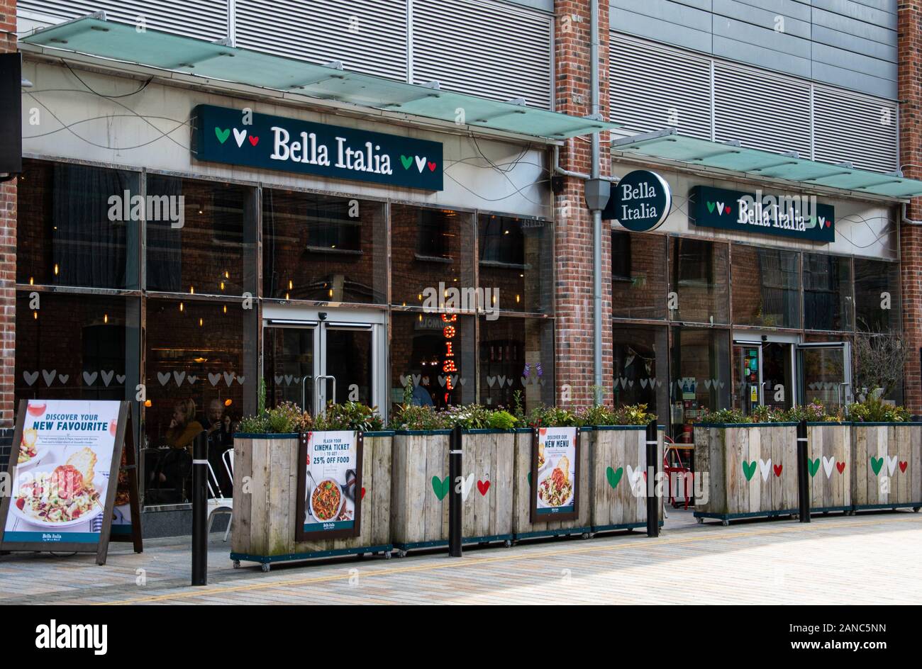 Gloucester, United Kingdom - September 08 2019:  The frontage of Bella Italia restaurant on Merchant's Road Stock Photo
