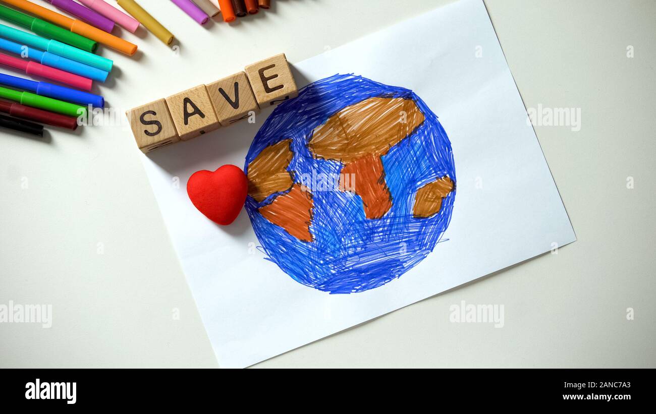 Save word and heart sign on planet painting, ecology concept, world out home Stock Photo