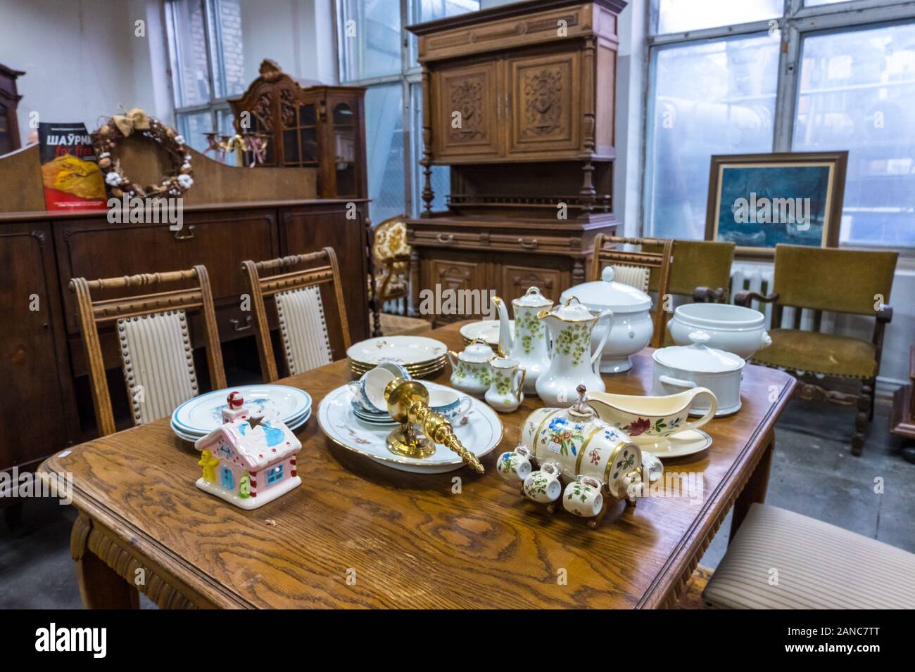 Minsk, Belarus - December, 14, 2019: Vintage furniture, dishes and other at the fair or the flea market in Minsk, Belarus Stock Photo