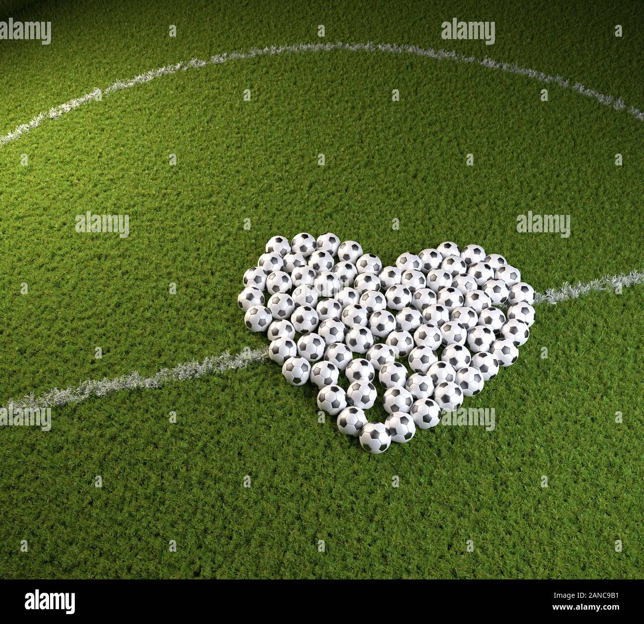 3D render Valentines day for soccer fans a heart shape of soccers
