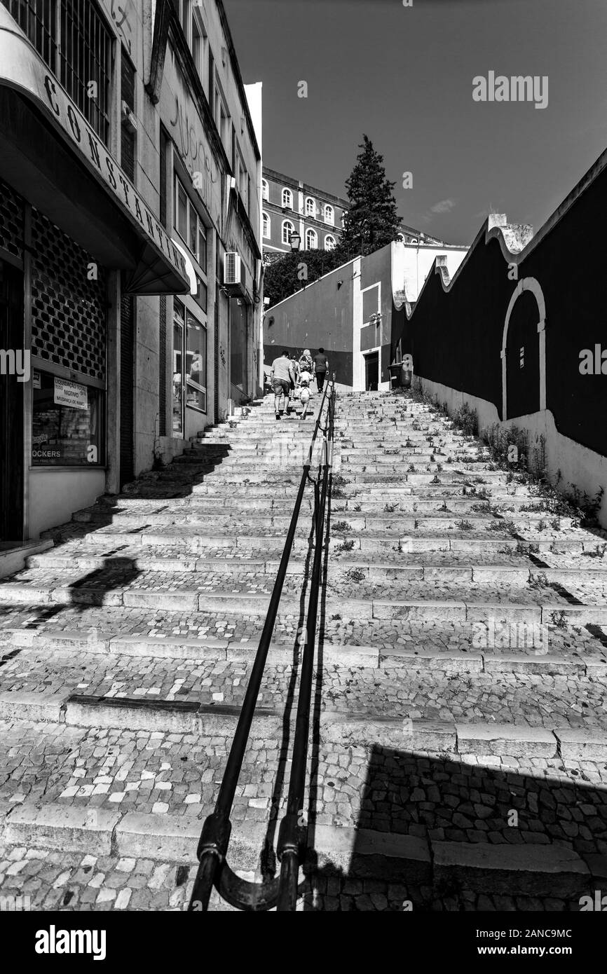 View of one of the many narrow lanes in the old neighborhood of Bairro Alto in Lisbon, Portugal Stock Photo