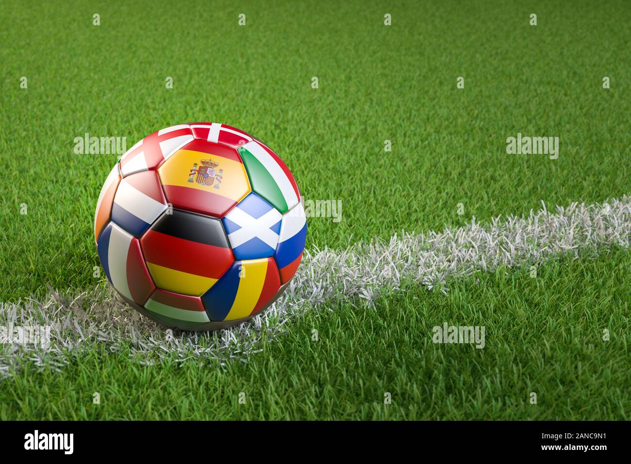 3D render A soccer ball at kickoff spot with the flags of all hosting