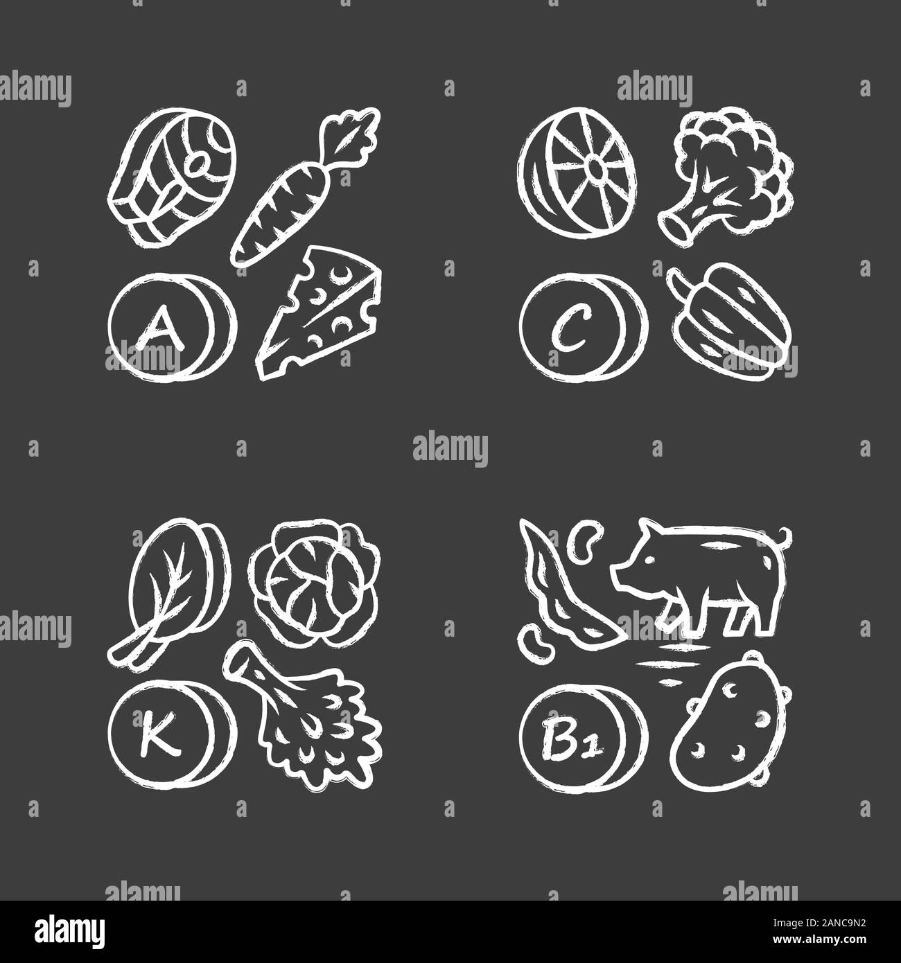 Vitamins chalk icons set. A, C, B1, K vitamins natural food source