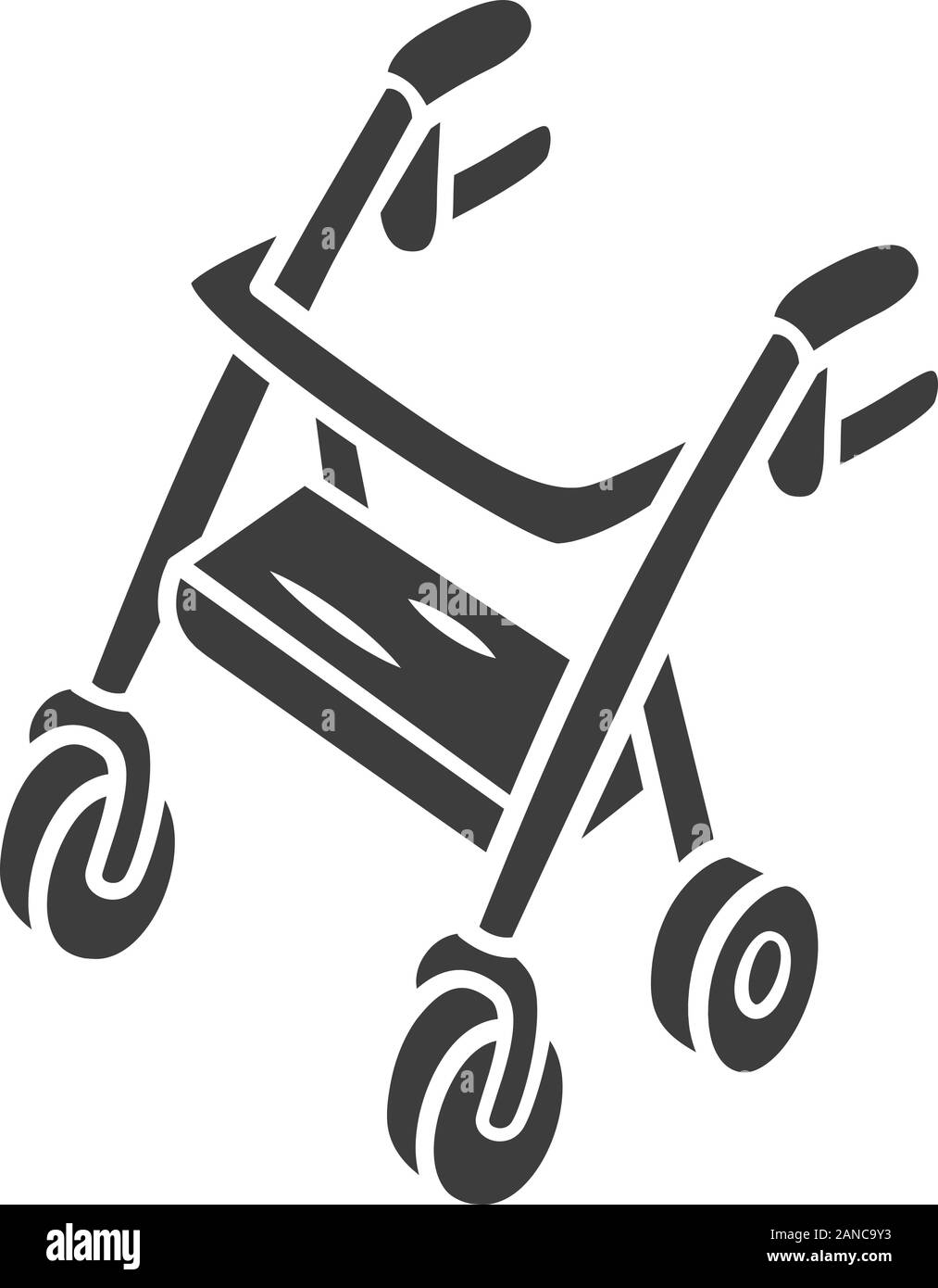 Rollator walker glyph icon.  Mobility aid device for physically disabled people. Pensioner, elderly four wheel walker equipment. Silhouette symbol. Ne Stock Vector