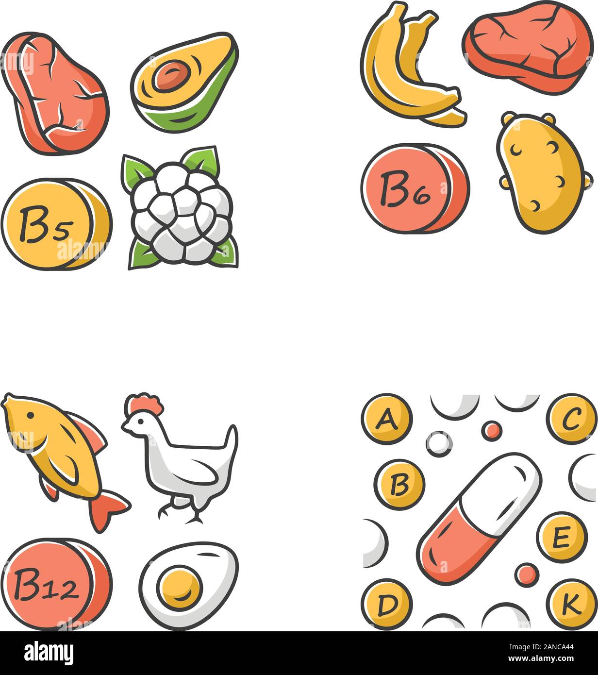 Vitamins color icons set. B5, B6, B12 natural food source. Vitamin pills. Fruits, meat, vegetables. Proper nutrition. Healthy food. Healthcare. Minera Stock Vector