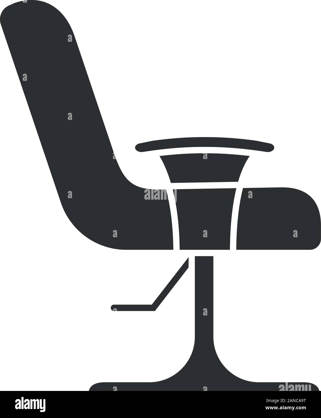 Salon armchair glyph icon. Comfortable lounge chair. Hairdressing equipment. Beauty parlour furniture. Barbershop easy chair. Silhouette symbol. Negat Stock Vector