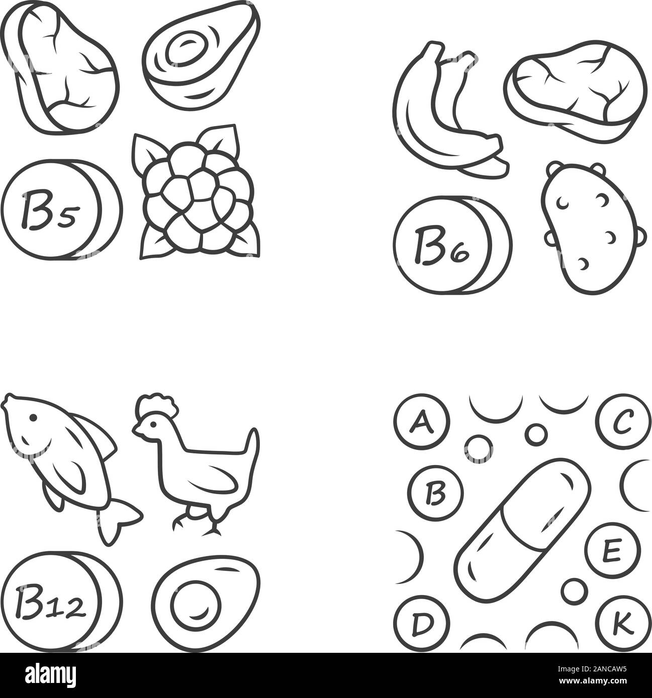 Vitamins linear icons set. B5, B6, B12 natural food source. Vitamin pills. Fruits, meat, vegetables. Minerals, antioxidants. Thin line contour symbols Stock Vector