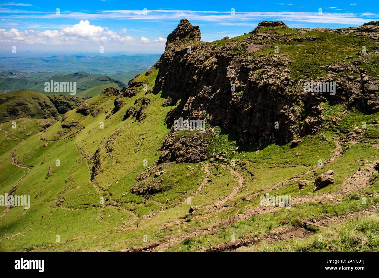 Mountain panorama seen hiking in the Drakensberg mountains of Lesotho. Stock Photo