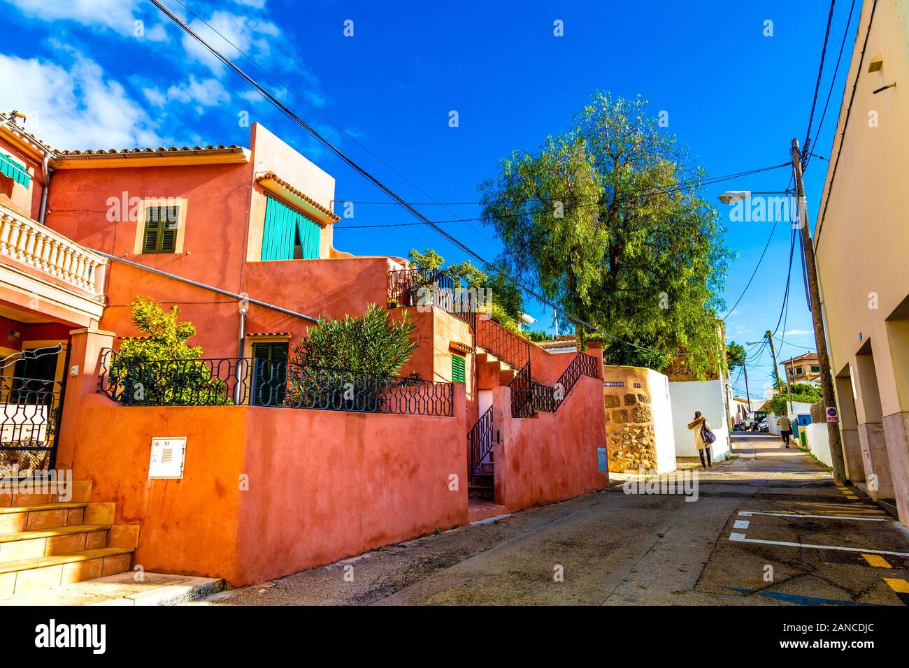 Colourful residential house on Carrer Virgen Bonanova in Genova suburb of Palma, Mallorca, Spain Stock Photo