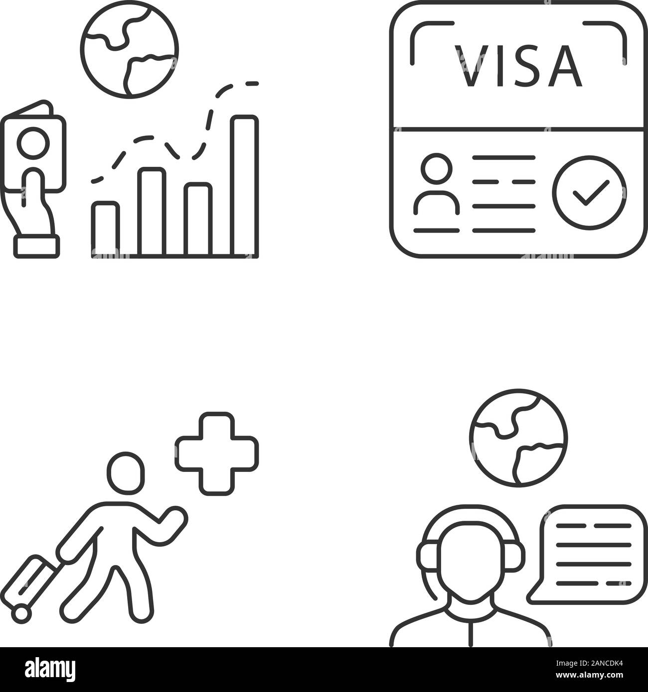 Immigration linear icons set. Migration rate, start up visa. Humanitarian immigrant, travel agent. Travelling abroad. Thin line contour symbols. Isola Stock Vector