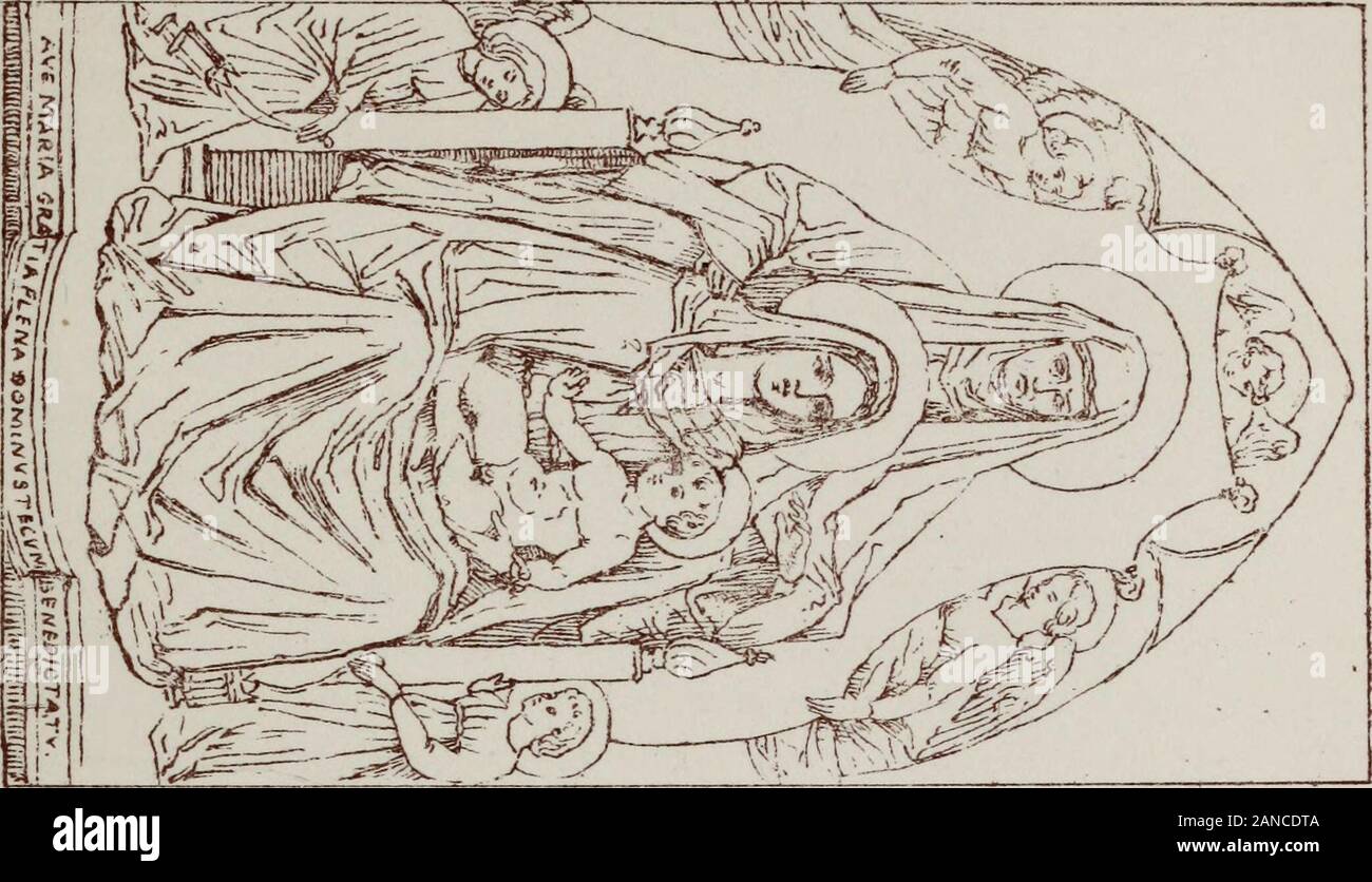 Legends of the Madonna, as represented in the fine artsForming the third series of Sacred and legendary art . 43 The Virgin and Child enthroned with St. Anna. Acad. Venice. Child are sustained on tlie knees of St. Anna ; under herfeet lies the dragon. St. Roch and St. Sebastian on eachside, and the dead dragon, show that this is a votive subject,an expression of thanksgiving after the cessation of a plague.The Germans, who were fond of this group, imparted, evento the most religious treatment, a domestic sentiment, as inthe above sketch. The earliest instance I can point to, of the enthroned V Stock Photo