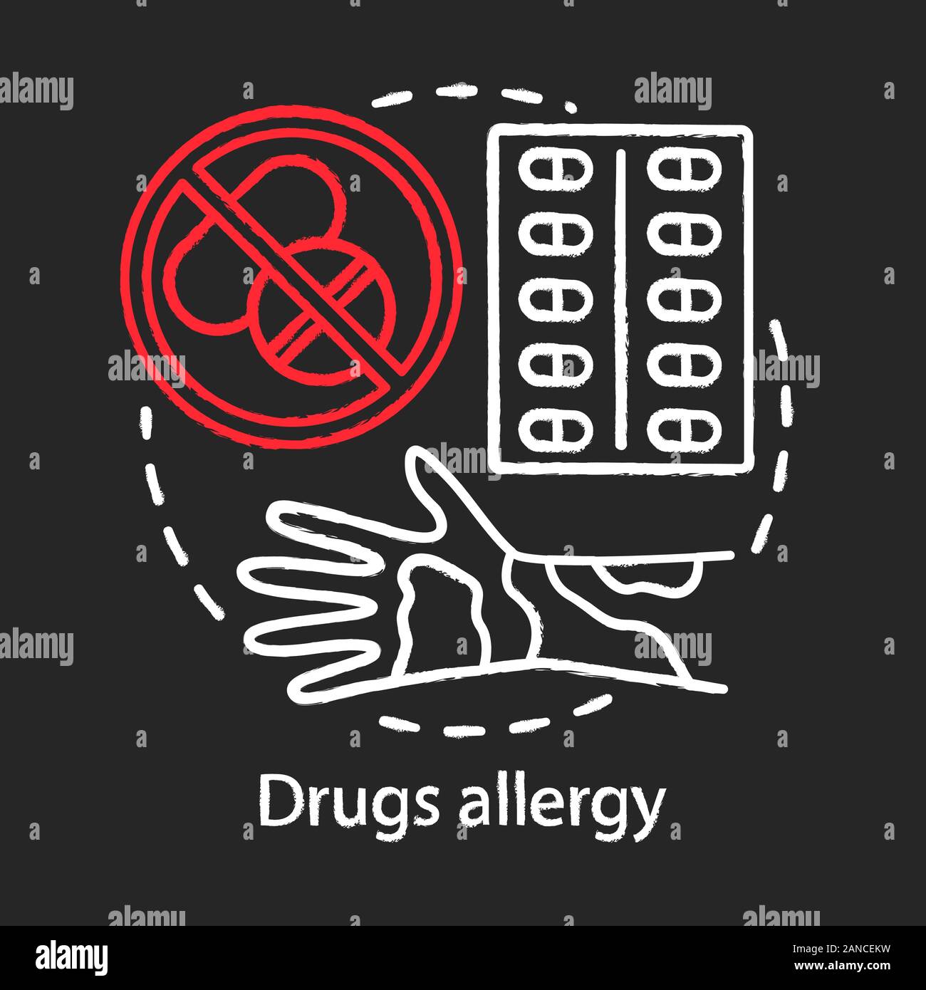 Drugs allergy chalk concept icon. Allergic reaction to medications idea.  Hives, itchy skin, rash on hand. Pills use side effects. Vector isolated  chal Stock Vector Image & Art - Alamy