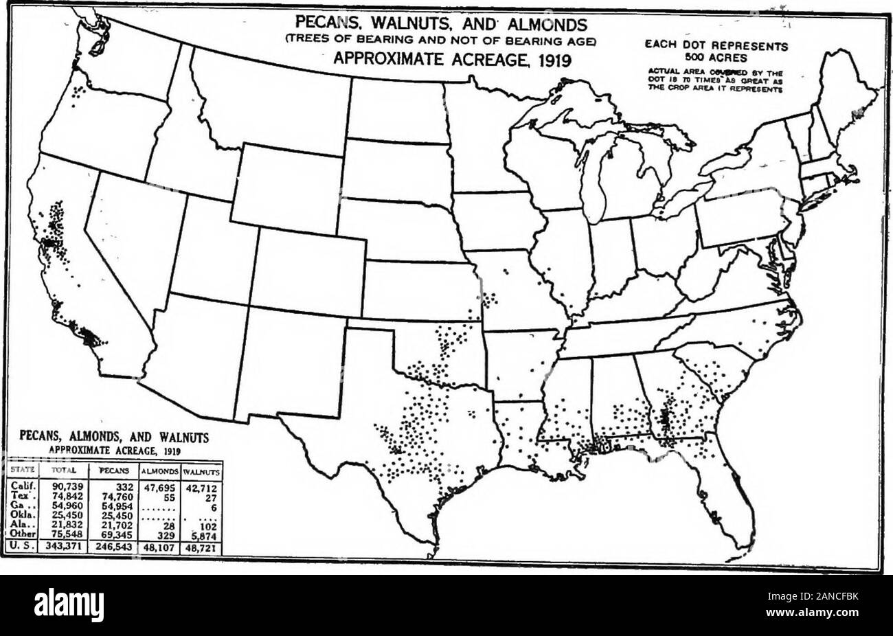 A graphic summary of American agriculture, based largely on the census of 1920 ... . Fig. 68.—Citrns fruits can withstand only a few degrees of frost. About three-fifthsof the acreage is in California and nearly two-fifths in Florida. There are a few orch-ards in the Mississippi Delta in Louisiana, in the Brownsville, Tex., district, and nearPhoenix, Aiiz., and recently hardy Satsuma orange trees have been planted along theGulf coast in eastern Texas, southern Mississippi, and Alabama. Lemons are practicallyconfined to California, grapefruit largely to Florida, while oranges are grown in bothS Stock Photo