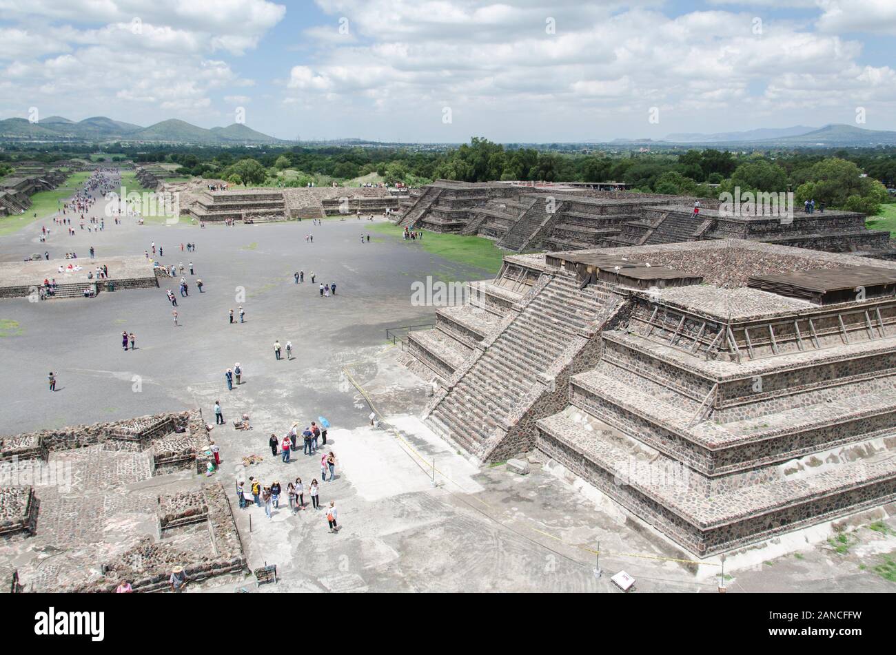 View from the Pyramid of the Moon, a square and the Avenue of the Dead, in Teotihuacan, an ancient Mesoamerican city located in a sub-valley of the Va Stock Photo