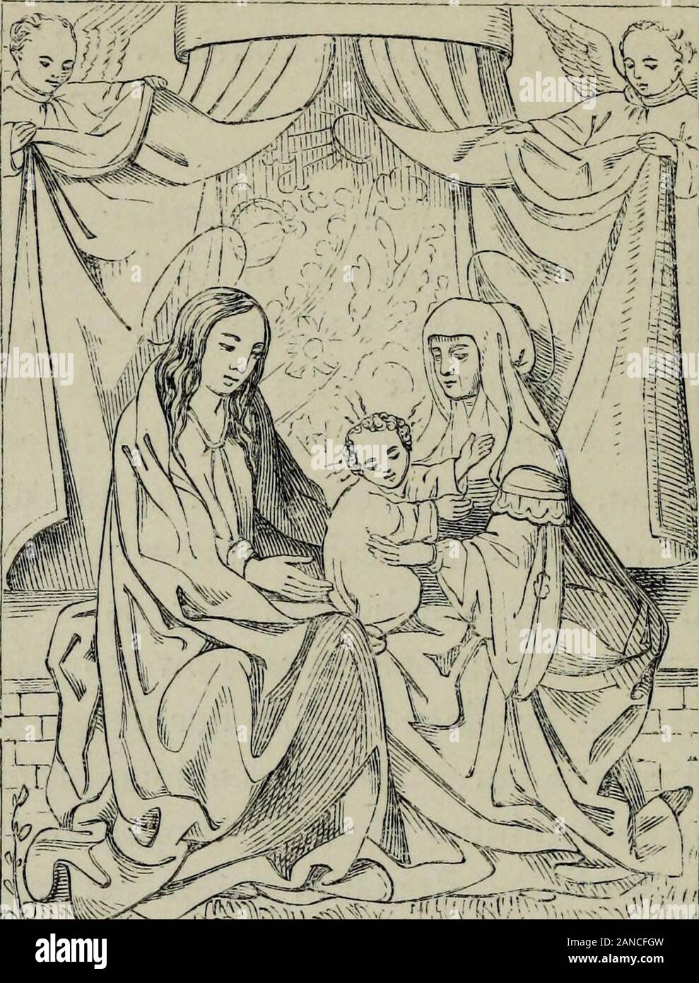 Legends of the Madonna, as represented in the fine artsForming the third series of Sacred and legendary art . es appear, is pn an equality -with herdaughter. There is a beautiful example, and apt for illus-tration, in the picture by Francia, in our National Gallery,where St. Anna and the Virgin are seated together on thesame throne, and the former presents the apple to her divineGrandson. I remember, too, a most graceful instance whereSt. Anna stands behind and a little above the throne, withher hands placed affectionately on the shoulders of the Vir-gin, and raises her eyes to heaven as if in Stock Photo