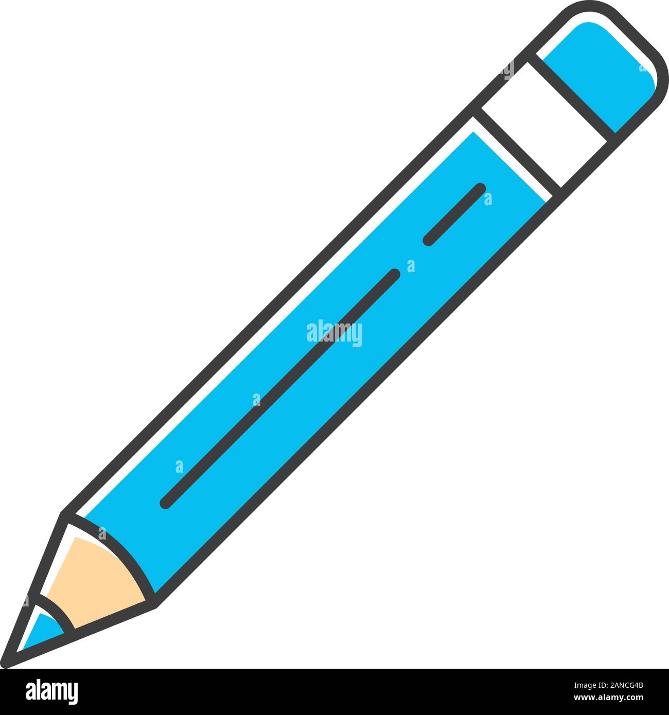 Sharp pencil with eraser, rubber color icon. Writing and drawing tool isolated vector