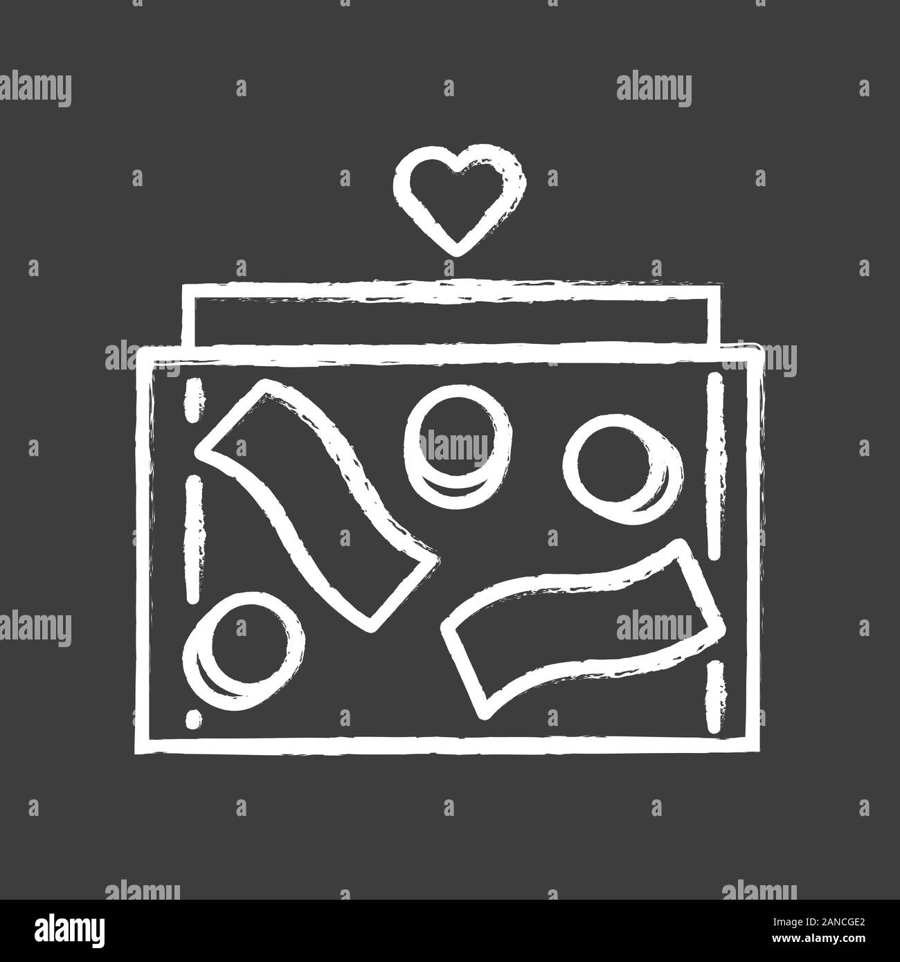 Donation box chalk icon. Collecting box with banknotes and coins. Moneybox. Charity fundraising. Receiving donations. Container for money. Volunteer a Stock Vector