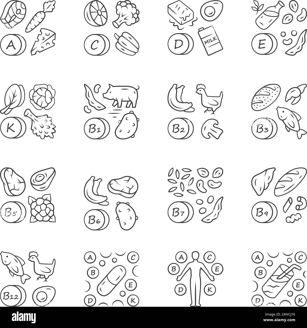 Vitamins linear icons set. A, C, D, E, K, B natural food source