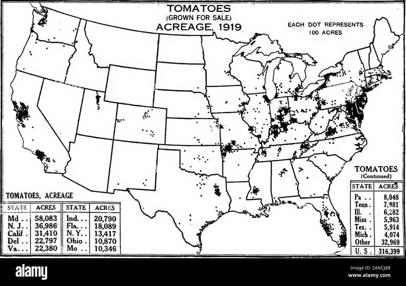A graphic summary of American agriculture, based largely on the census of 1920 ... . Fig. 57.—Sweet com is primarily an eastern, middle-latitude crop, but It is extensivelygrowu also in New York and New England, owing in large measure to the excellentquality produced, and the (act that it need not mature. Maryland ranks first in acre-age, followed by New York, Iowa, Ohio, Illinois, and Pennsylvania in close succession.New Jersey, relative to Its area, has a large acreage. The acreage in these States isconcentrated in a few counties, as can be seen on the map. It is interesting to note thatalth Stock Photo