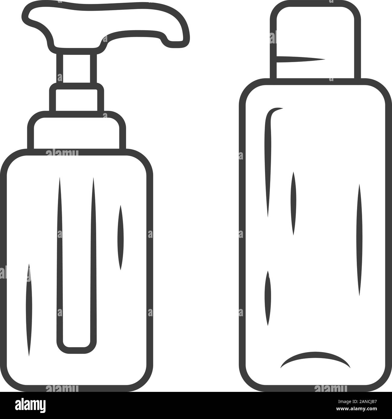 Empty reusable containers linear icon. Shampoo and soap bottles for travel. Personal hygiene, care products. Thin line illustration. Contour symbol. V Stock Vector