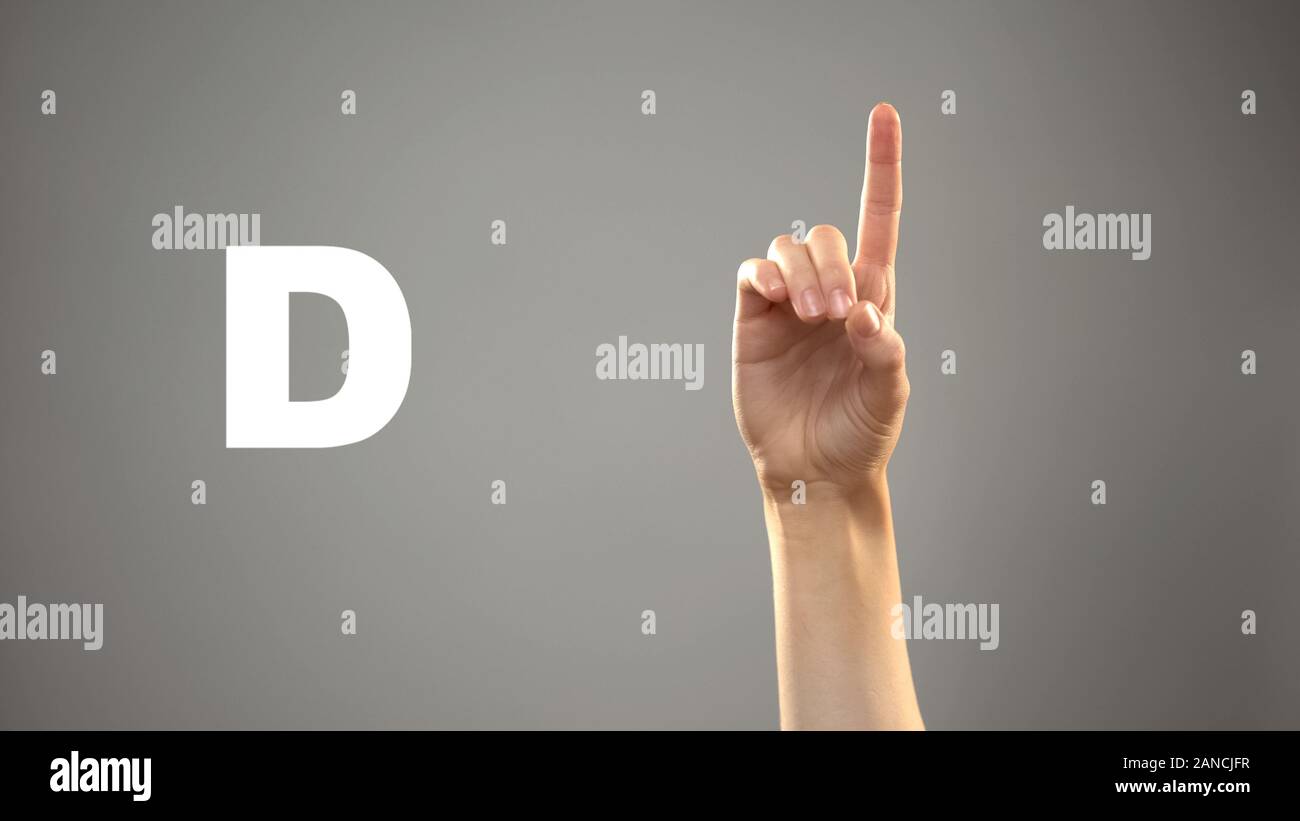 Letter D in sign language, hand on background, communication for deaf