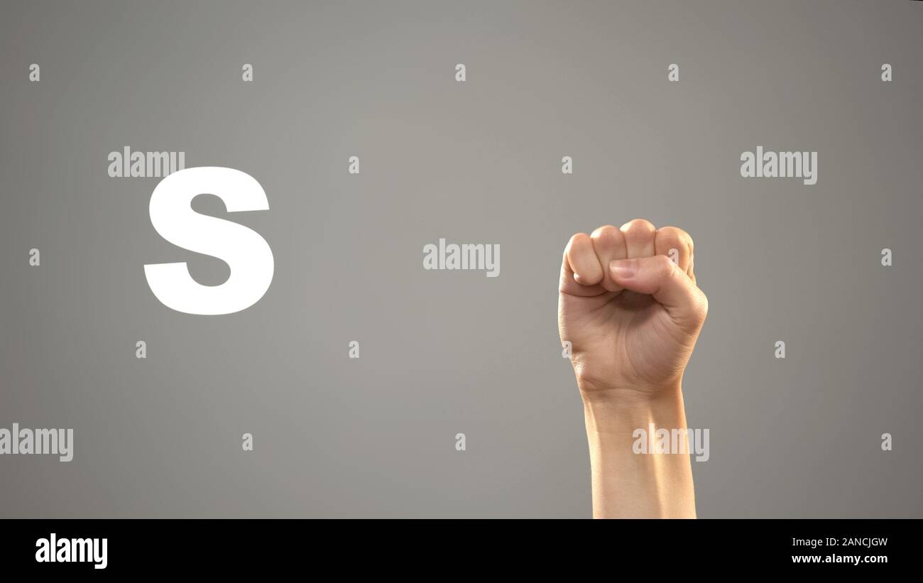 Letter S in sign language, hand on background, communication for deaf ...
