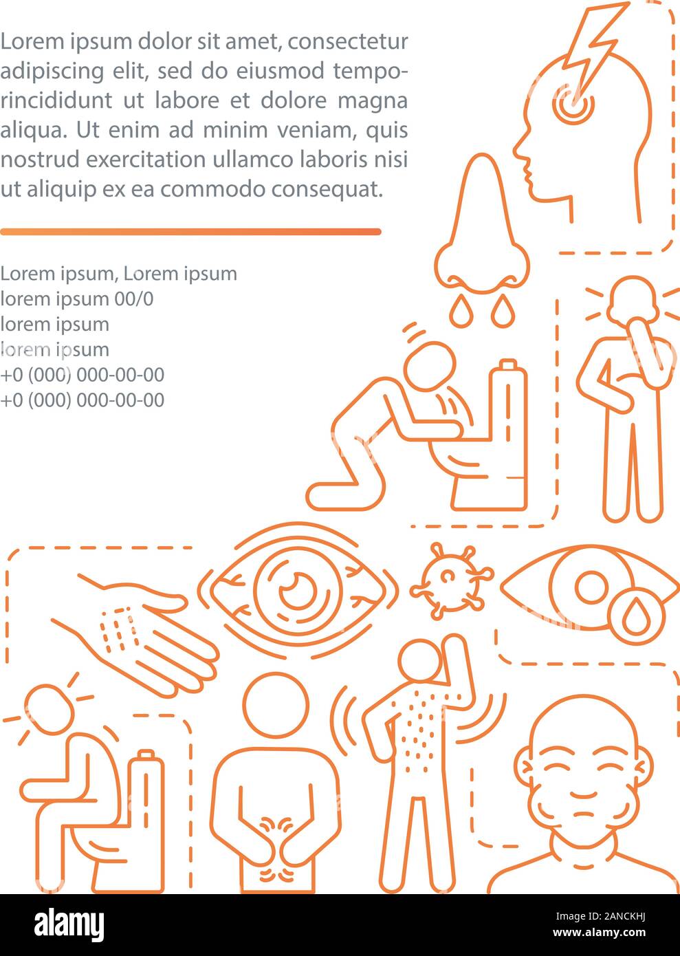 Allergy symptoms article page vector template. Diarrhea, conjunctivitis