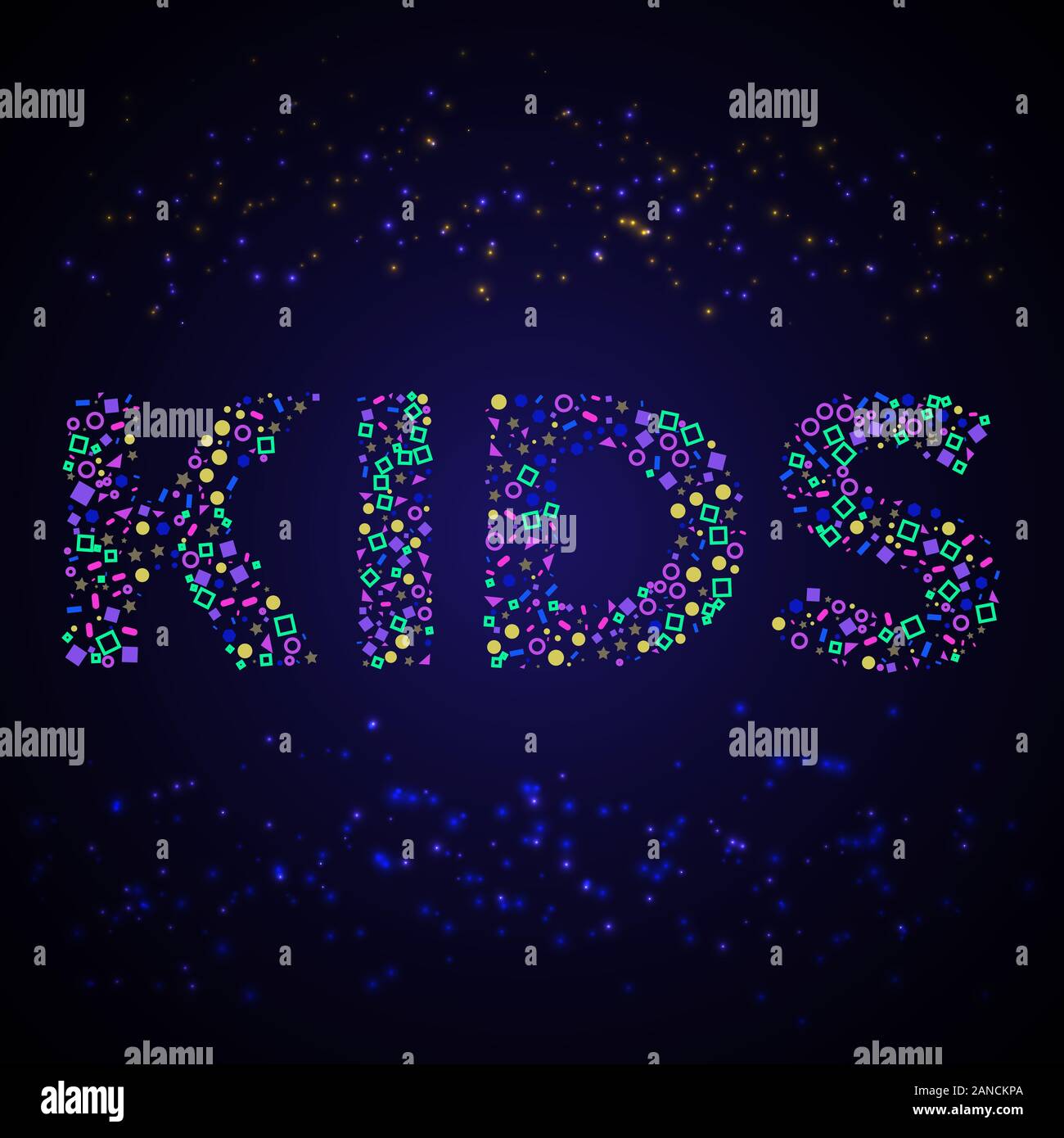 Kids inscription composed of different multi-colored geometric shapes ...