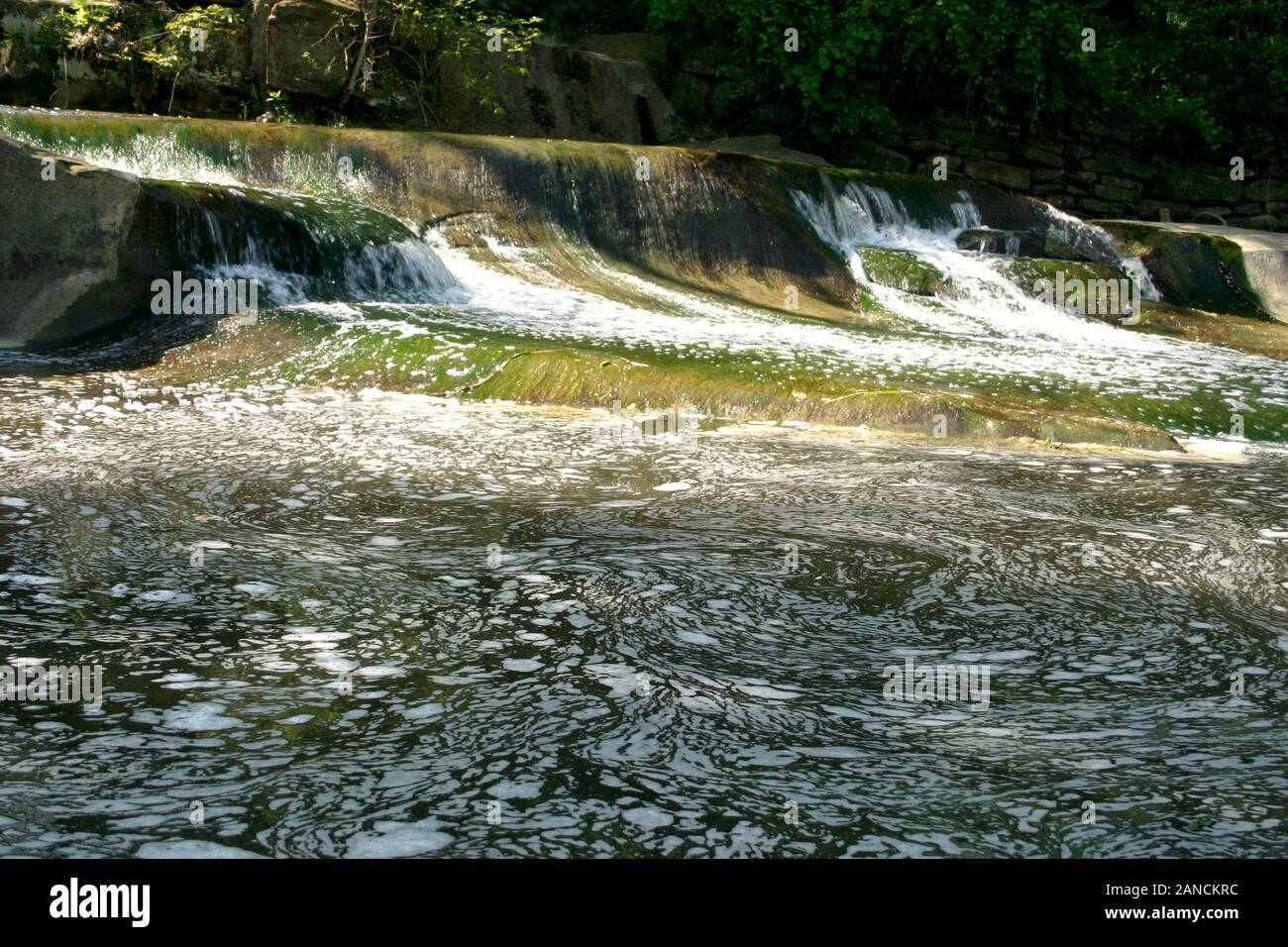 The Rocky River, in Olmsted Falls, Ohio, USA. Foam on the surface of
