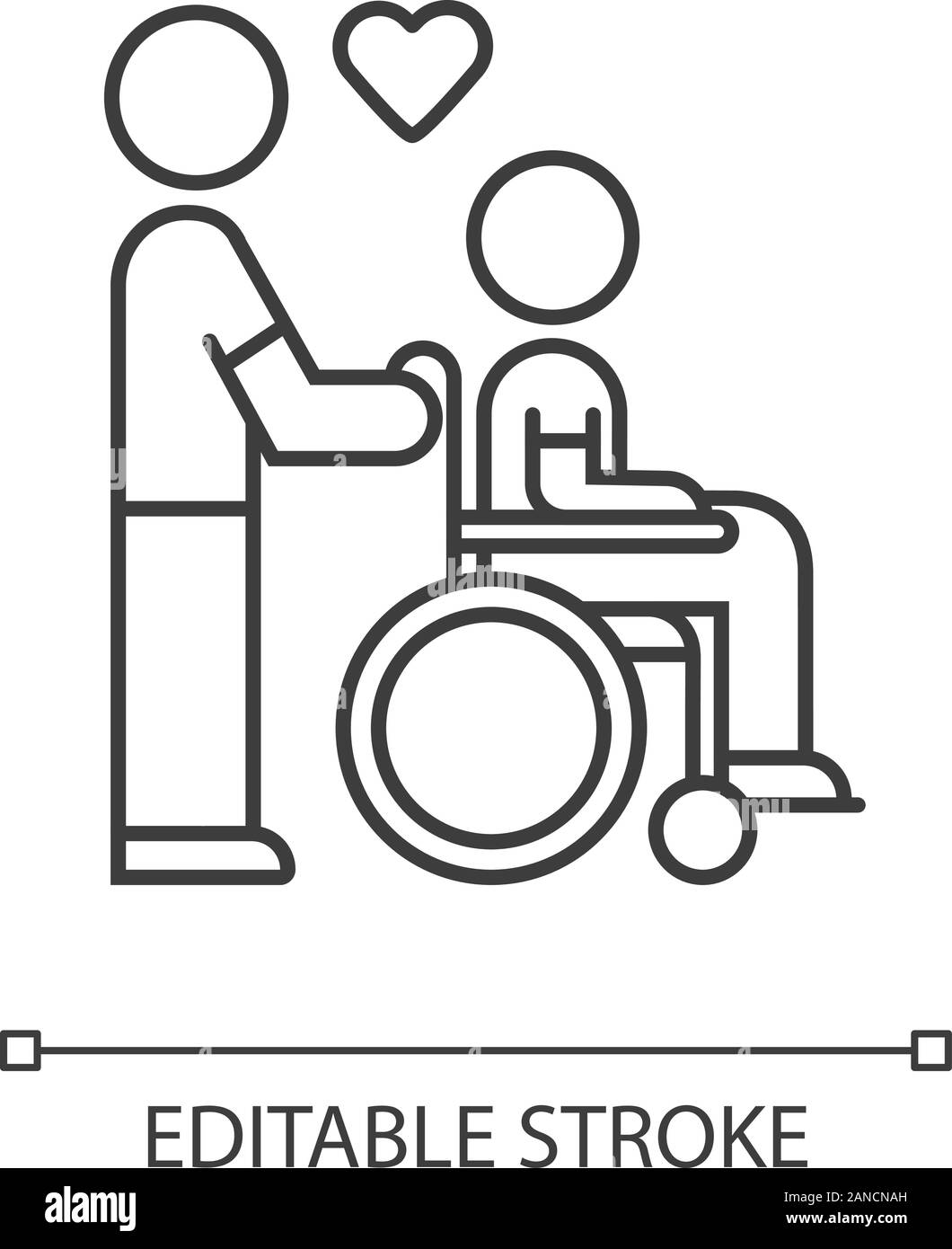 Disabled people help linear icon. Volunteer responsibility for handicapped.  Man carries invalid in wheelchair. Thin line illustration. Contour symbol  Stock Vector Image \u0026 Art - Alamy, image size:1060x1390