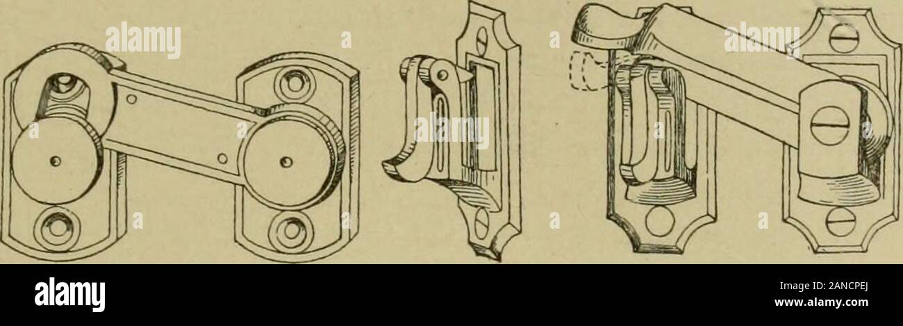 Builder's hardware; a manual for architects, builders and house furnishers . Fig. 257. Automatic Blind-awninsFixtures. F. O. North & Co. Fig. 259. Shutter-bar. by Figure 256. This consists of a double-acting hinge forthe upper portion of the blind, a lower hinge being screwed tothe jamb and fastened to the blind only by a turn-button. The other form of awning-fixture is more commonly usedabout Boston, Figure 257. The upper hinge is so made as to S //1rTTER-FIXTl RES. 159 work in either direction, while the lower hinge consists of a Chapter ix.cup fitting over a pin screwed to the jamb. A small Stock Photo